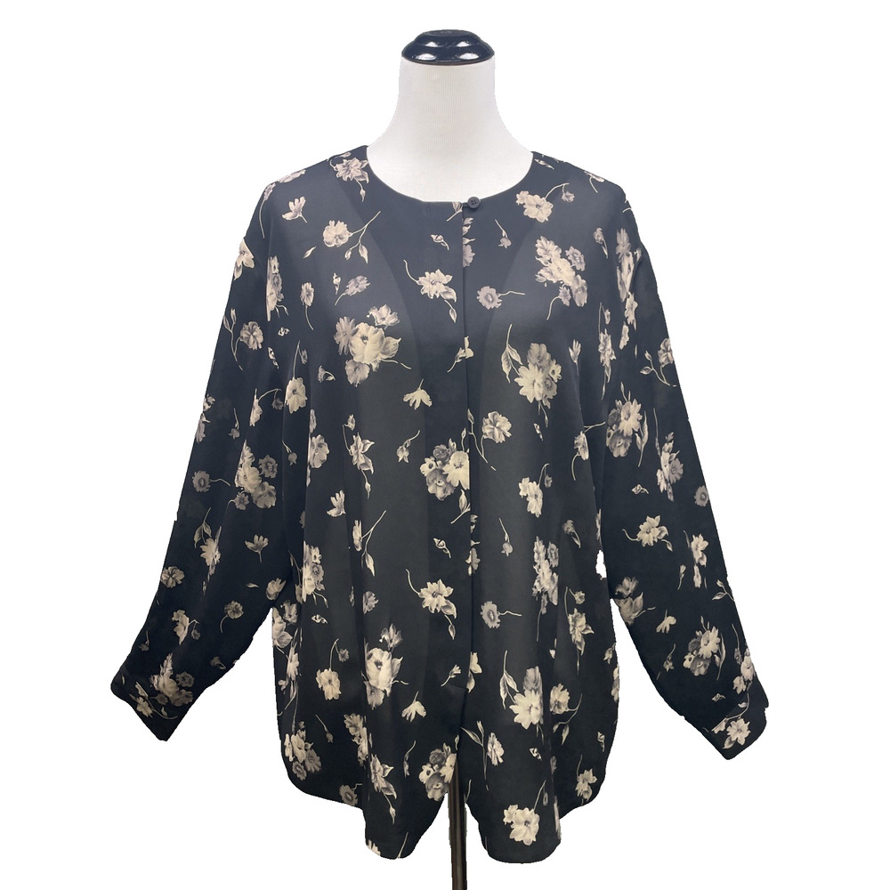 Vtg Chaus Woman Blouse 20 Plus Black Floral Sheer Chiffon Dark Academia Boho